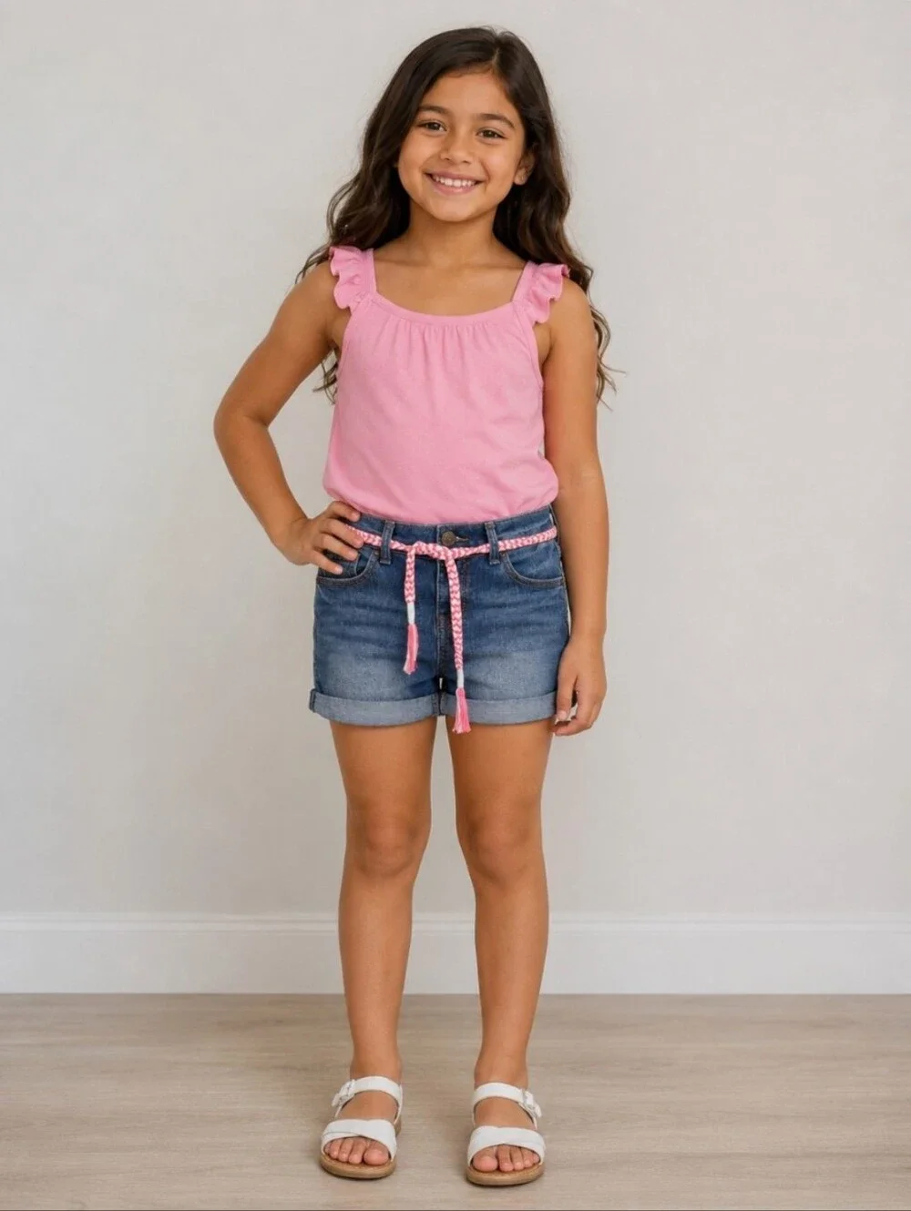 CHEROKEE Girls Large Cuff Up Wiskered Jean Shorts W Belt